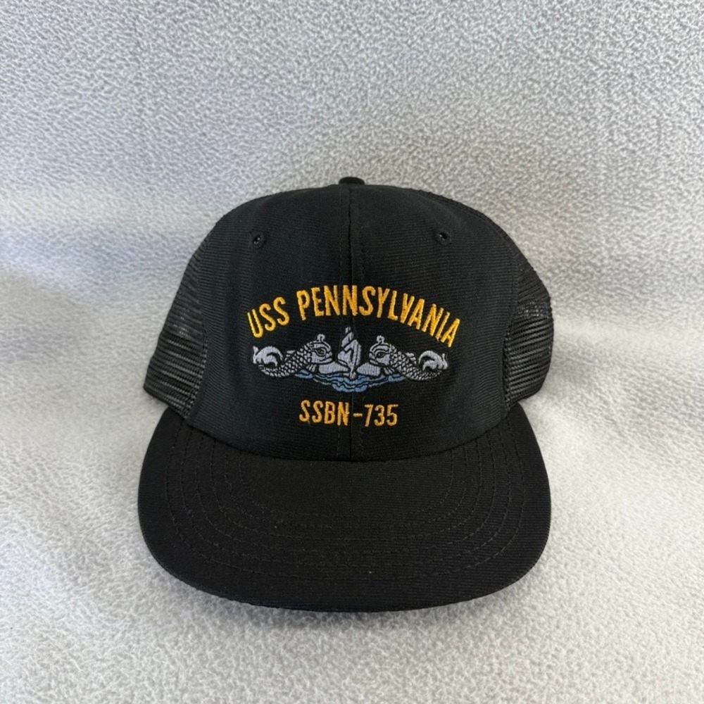 Vintage USS Pennsylvania Hat Adult Large Black SSBN-735 Delong Submarine USA 90s